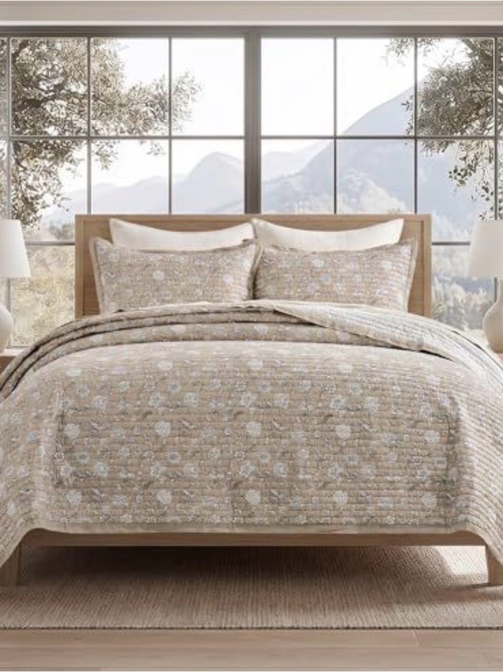 Neutral Beige Floral Quilted Bedding Set with Pillow Shams